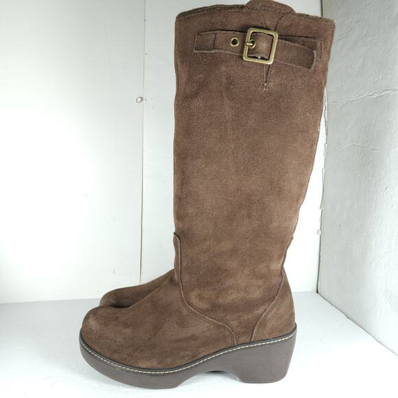 Crocs Women's US10 Brown Suede Pull On Wedge Knee High Riding Boots - Picture 2 of 16